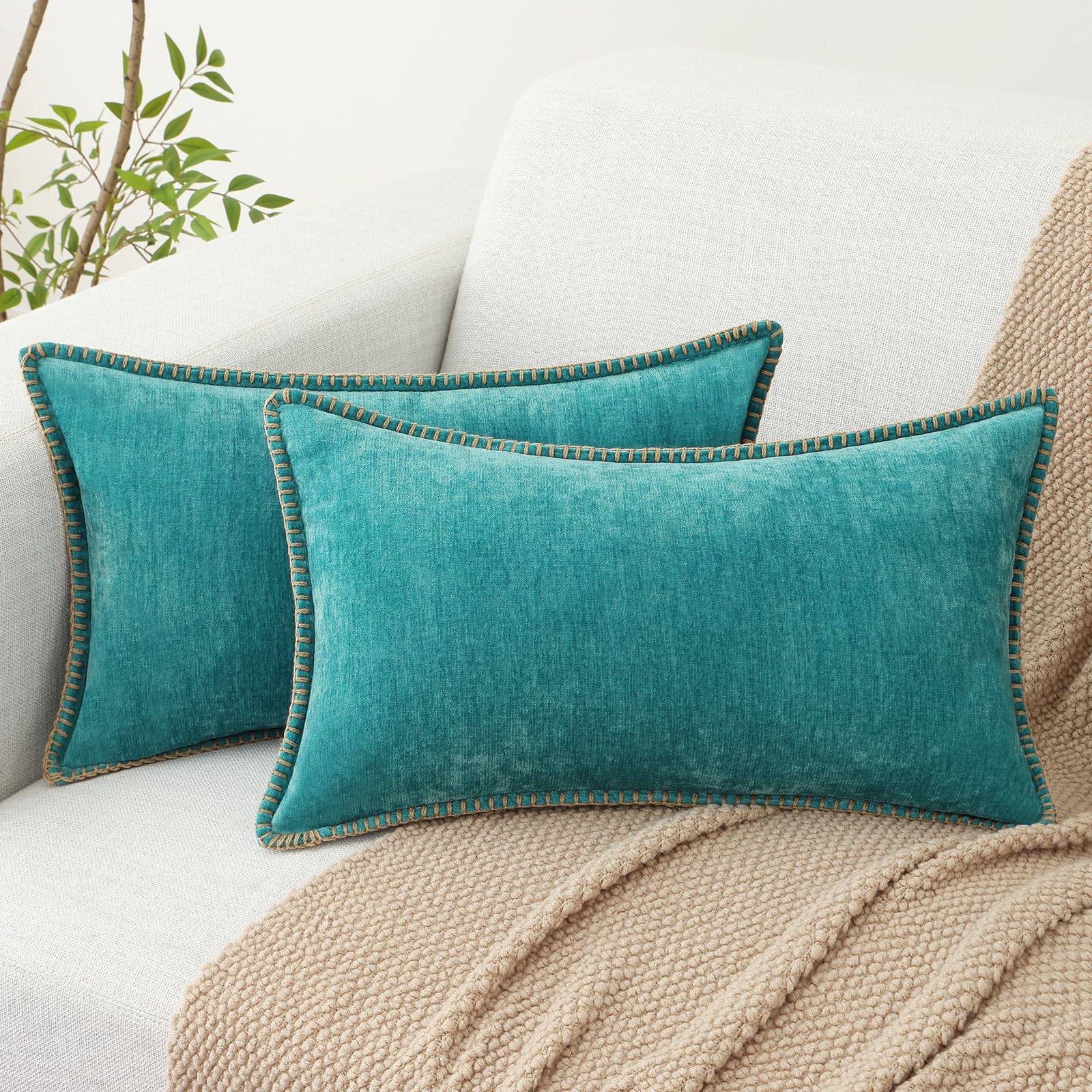 18x18 2-Pack Forest Green Chenille Pillow Covers, Stitched Edge