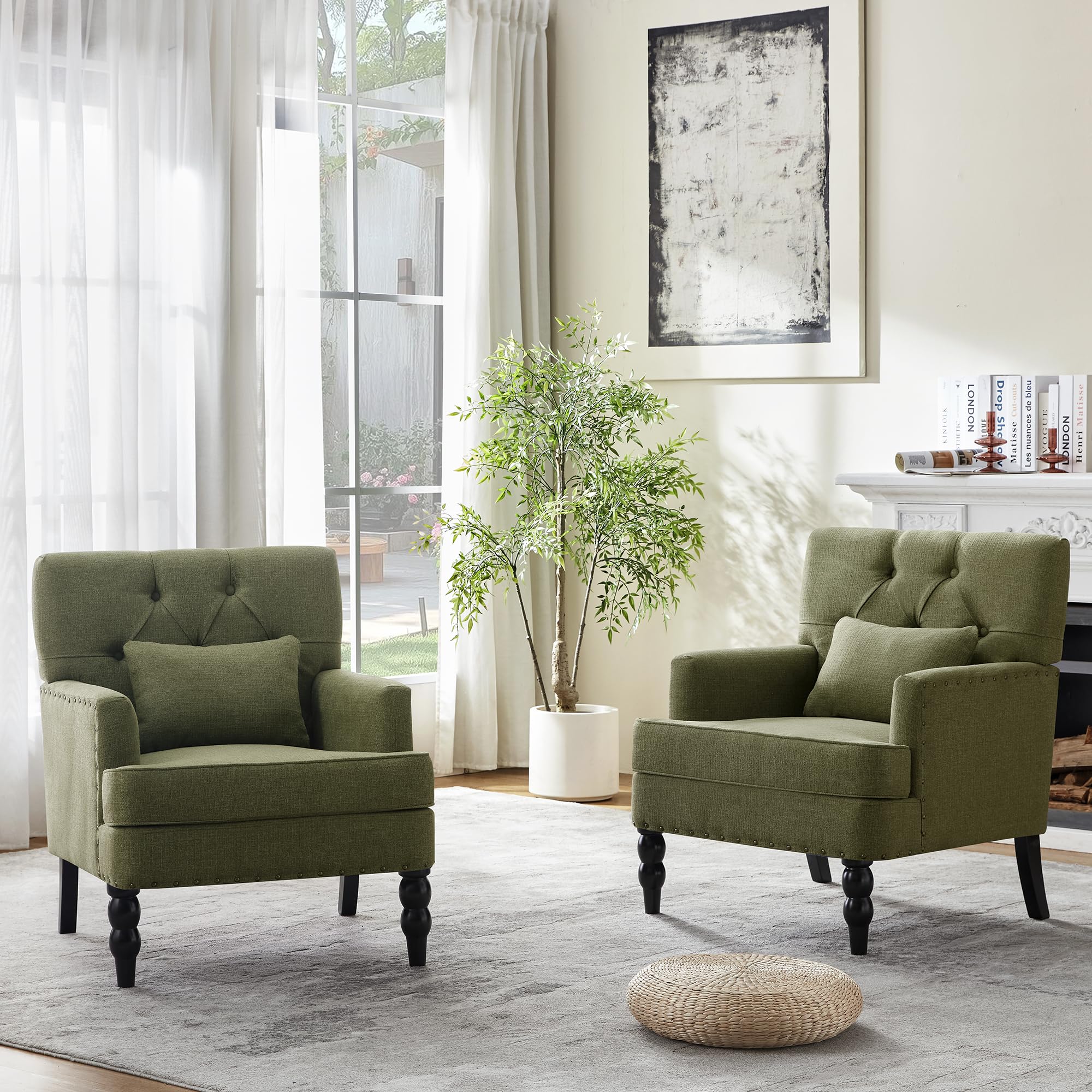 HUIMO Tufted Club Chair,Accent Chair with Lumbar Pillow, Upholstered Button Armchair, Linen Fabric Sofa Chairs for Bedroom, Living Room, Mid Century Modern with Studded Reading Chair Light Blue
