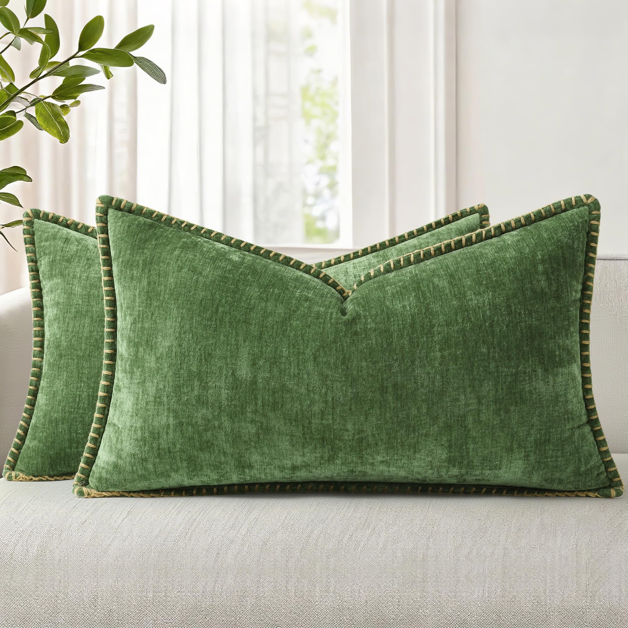 18x18 2-Pack Forest Green Chenille Pillow Covers, Stitched Edge