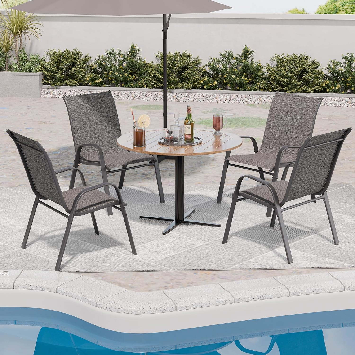 Patio Chairs, Stackable Outdoor Dining Chairs for All Weather, Metal Modern Outside Furniture Chair for Pool Side, Garden, Backyard Deck, Set of 4, Dark Grey