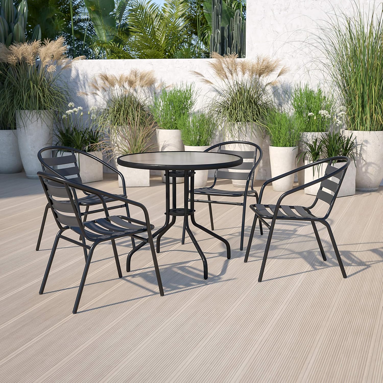 Flash Furniture Aluminum Slat Back Stacking Outdoor Restaurant Chairs, Modern Stackable Patio Chairs for Restaurants, Set of 4, Black