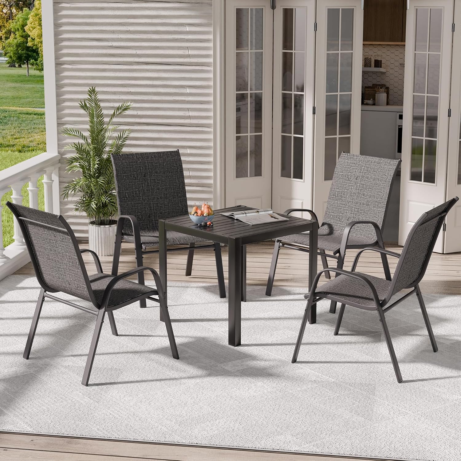 Patio Chairs, Stackable Outdoor Dining Chairs for All Weather, Metal Modern Outside Furniture Chair for Pool Side, Garden, Backyard Deck, Set of 4, Dark Grey