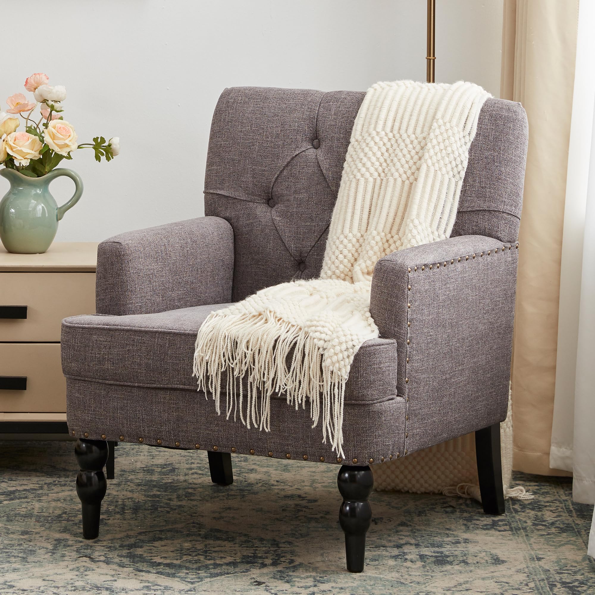 HUIMO Tufted Club Chair,Accent Chair with Lumbar Pillow, Upholstered Button Armchair, Linen Fabric Sofa Chairs for Bedroom, Living Room, Mid Century Modern with Studded Reading Chair Light Blue