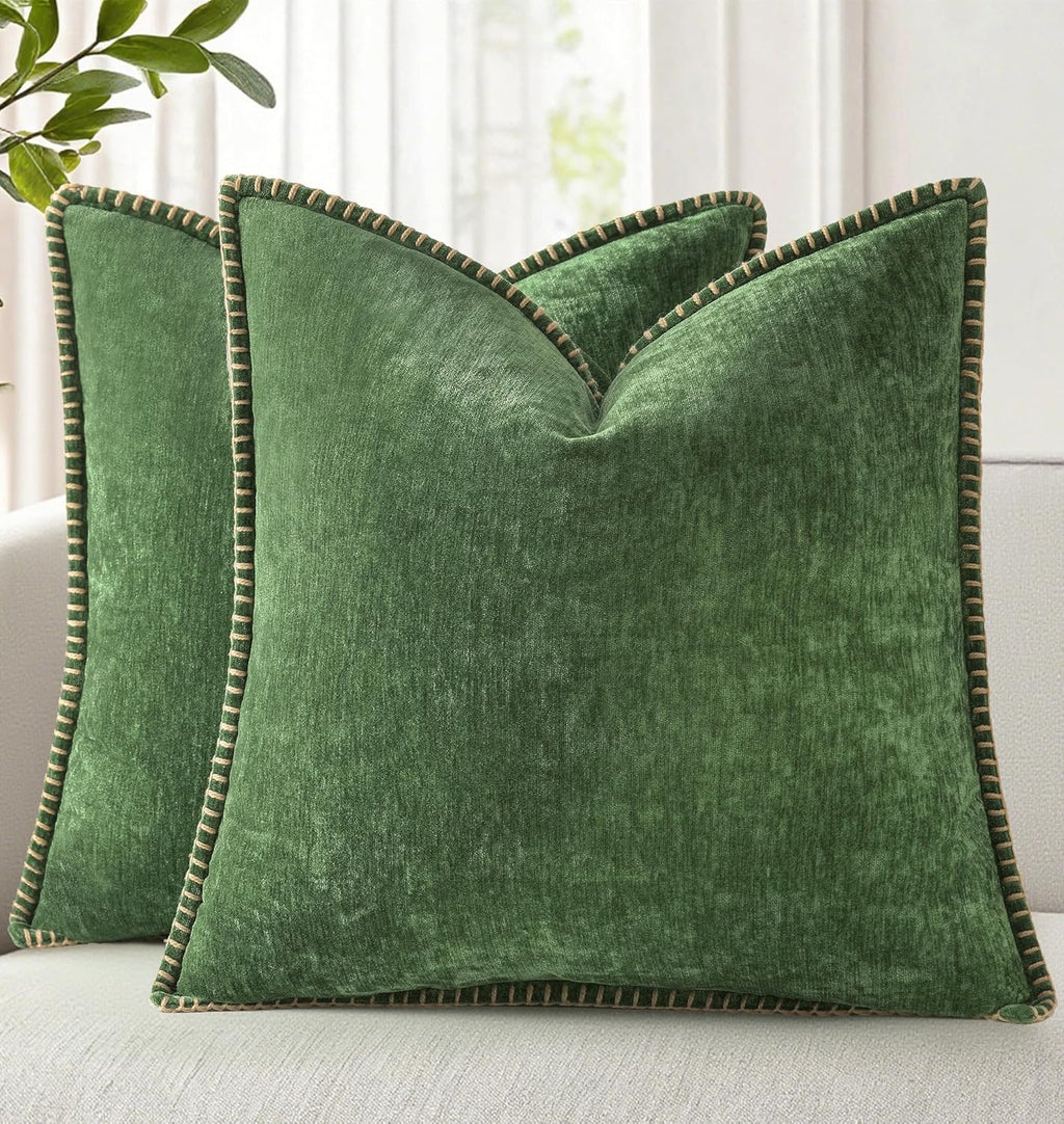 18x18 2-Pack Forest Green Chenille Pillow Covers, Stitched Edge