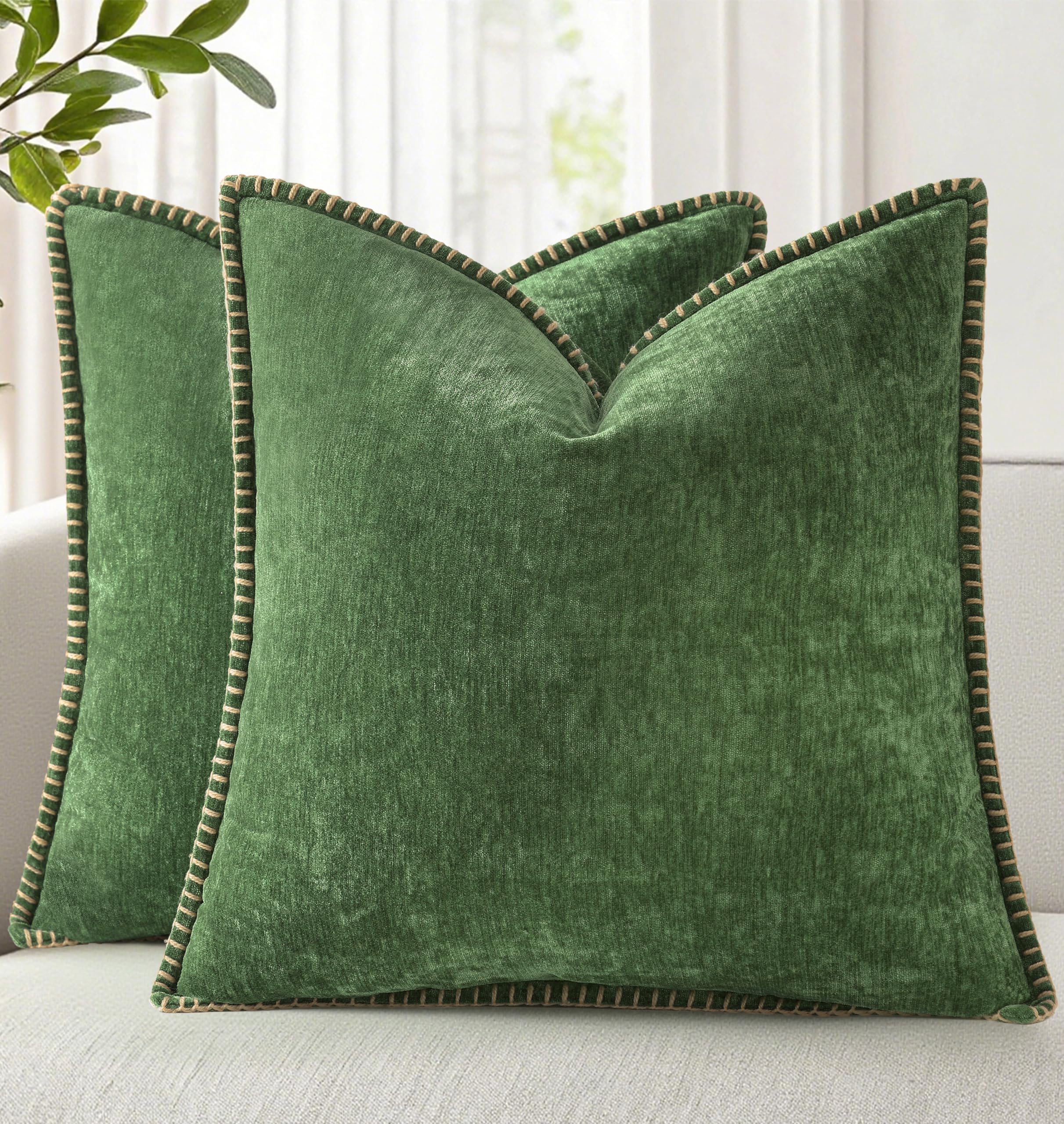 18x18 2-Pack Forest Green Chenille Pillow Covers, Stitched Edge