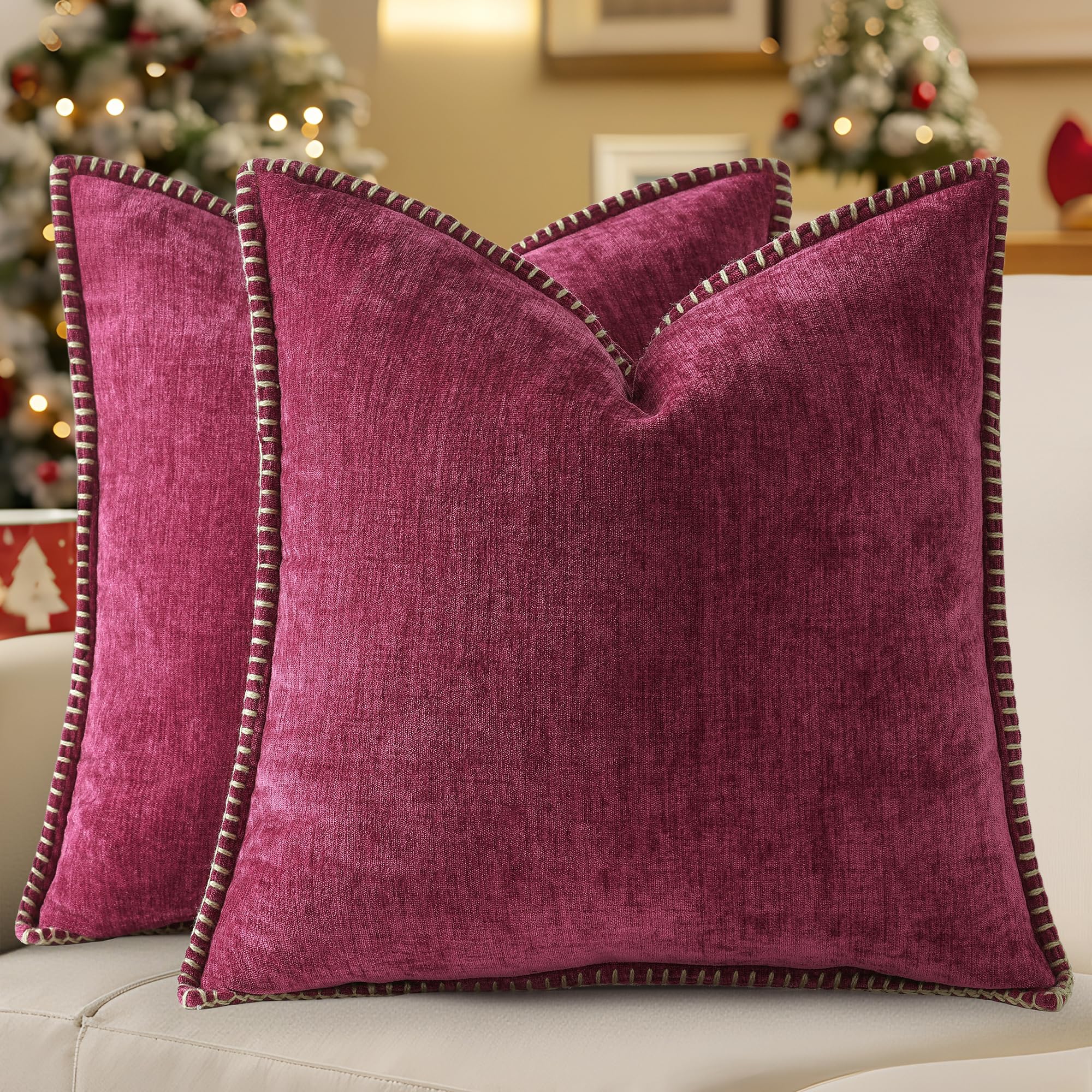 18x18 2-Pack Forest Green Chenille Pillow Covers, Stitched Edge