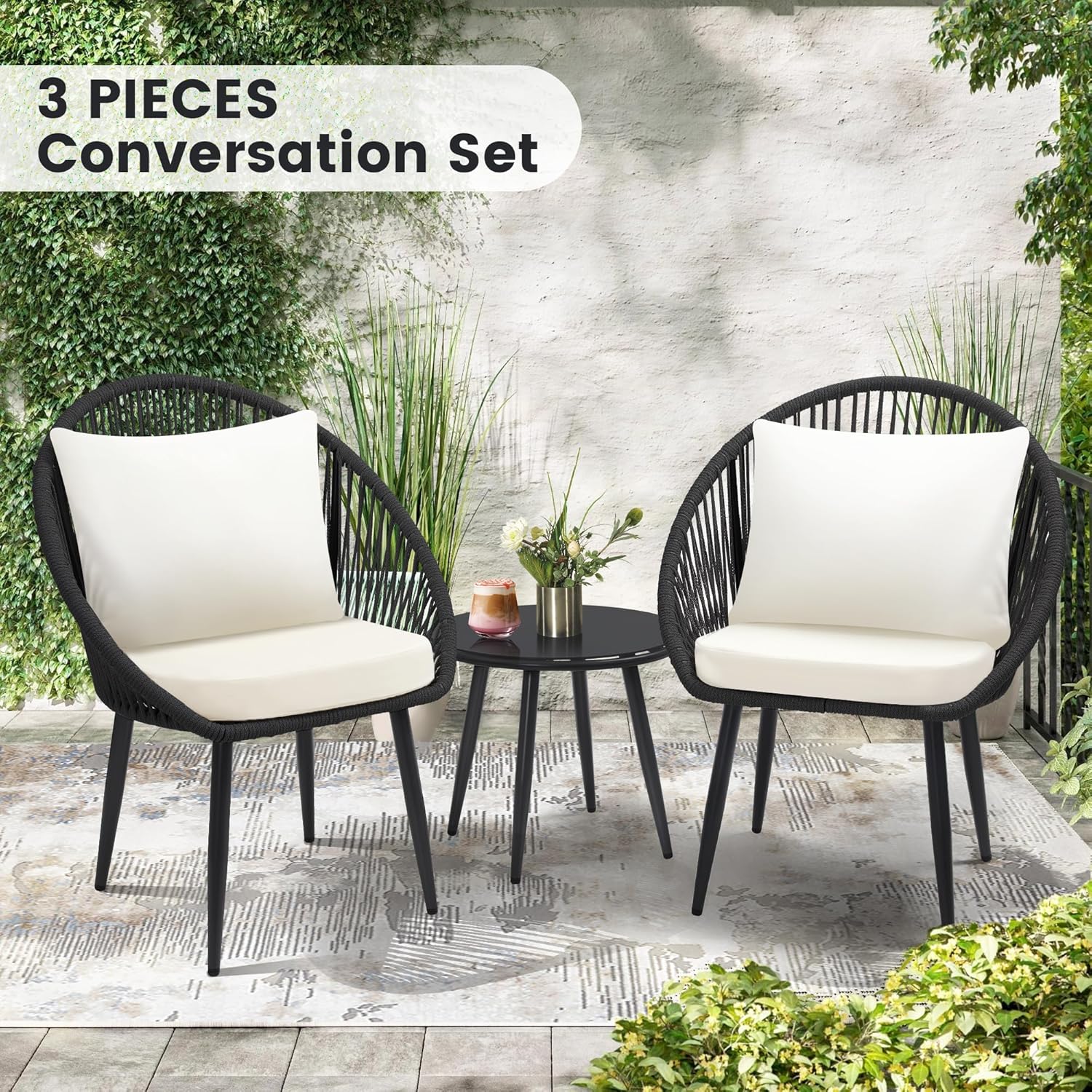 wildformers 3 Pieces Bistro Set, Woven Rope Chair with Cushions, All Weather Patio Conversation Set and Side Table, Ideal for Deck, Balcony, Poolside, Black