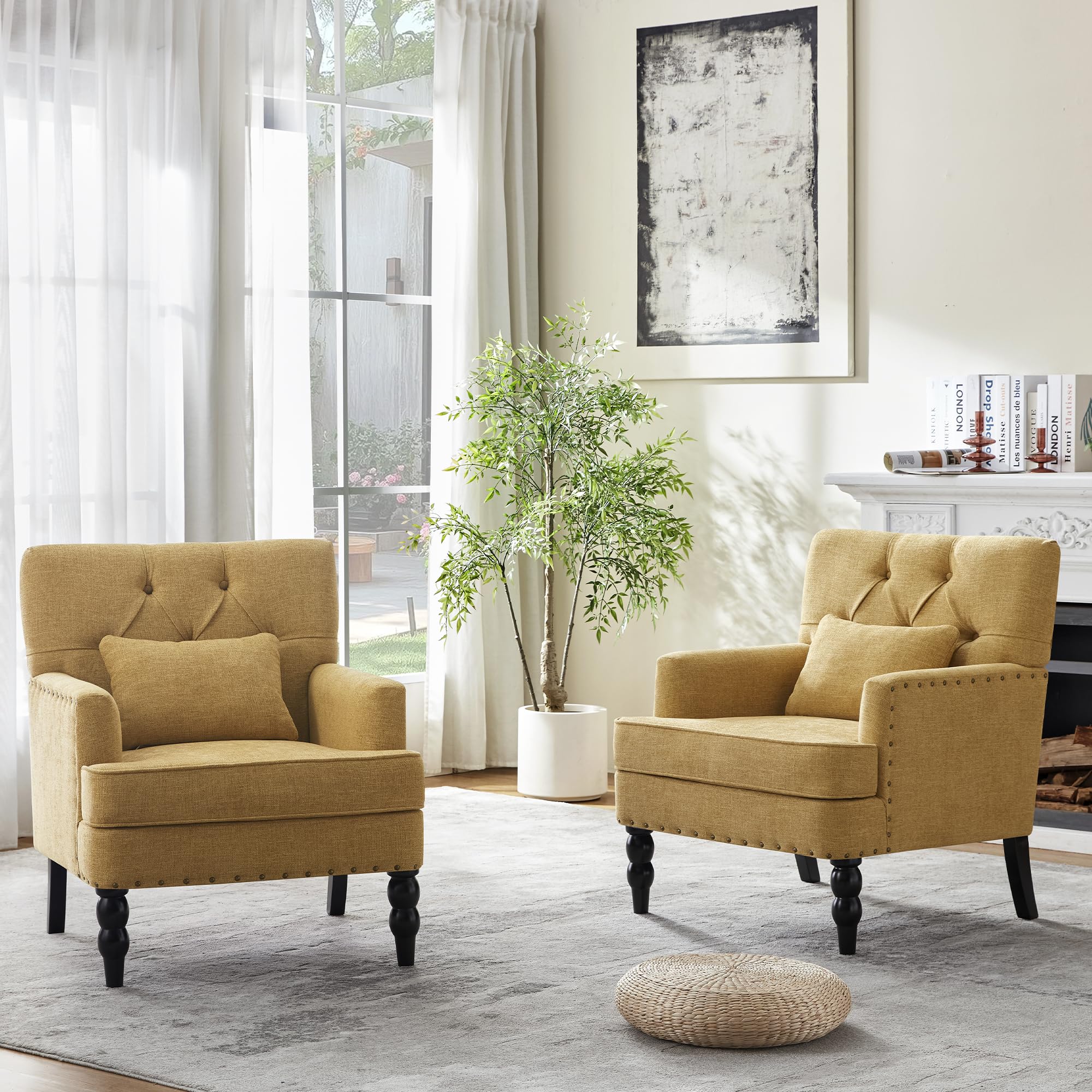 HUIMO Tufted Club Chair,Accent Chair with Lumbar Pillow, Upholstered Button Armchair, Linen Fabric Sofa Chairs for Bedroom, Living Room, Mid Century Modern with Studded Reading Chair Light Blue