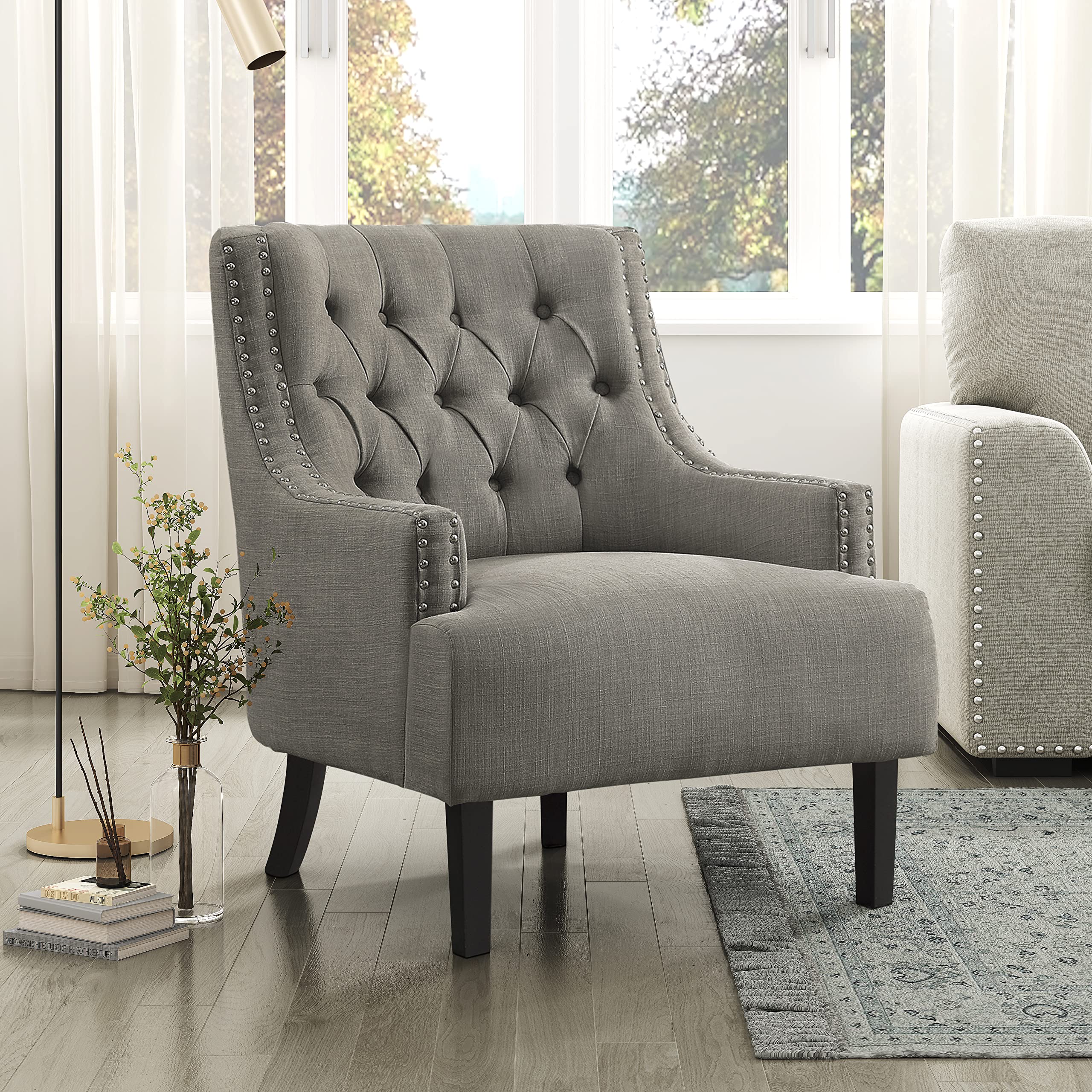 Lexicon Accent Chair Reading Chair Comfy Chair for Bedroom, Upholstered Armchair with Solid Wood Frame, Tufted Cushion Nail Head Trim, Single Sofa Chair for Living Room, Office, Taupe Chenille