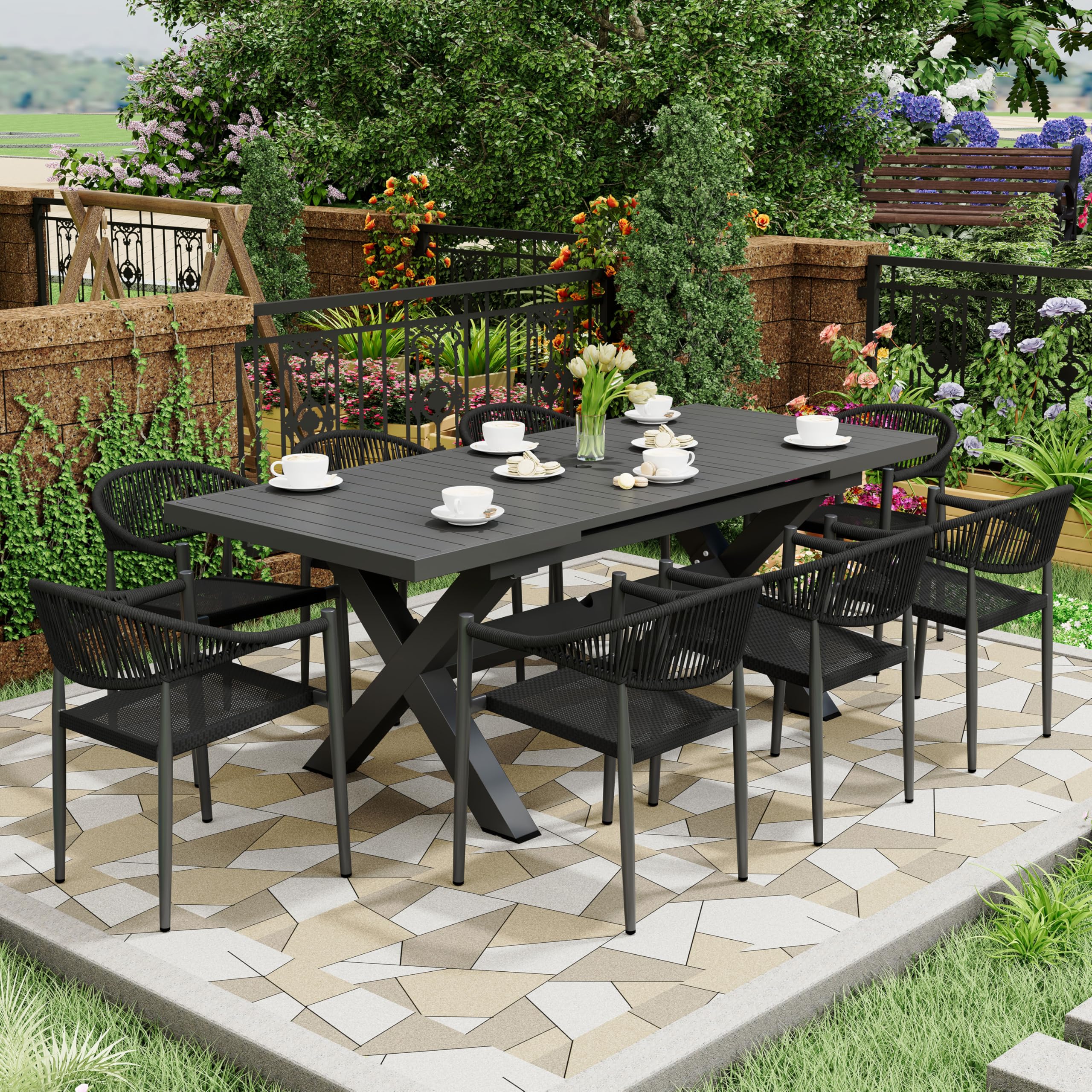 4 Pcs Stackable Patio Dining Chairs, Aluminum Rattan Outdoor Dining Chair with Arms, Woven Rope Garden Armchair Metal No Assembly for Bistro Balcony Porch Deck Yard Cafe Restaurant, Light Brown