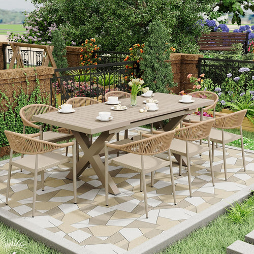 4 Pcs Stackable Patio Dining Chairs, Aluminum Rattan Outdoor Dining Chair with Arms, Woven Rope Garden Armchair Metal No Assembly for Bistro Balcony Porch Deck Yard Cafe Restaurant, Light Brown