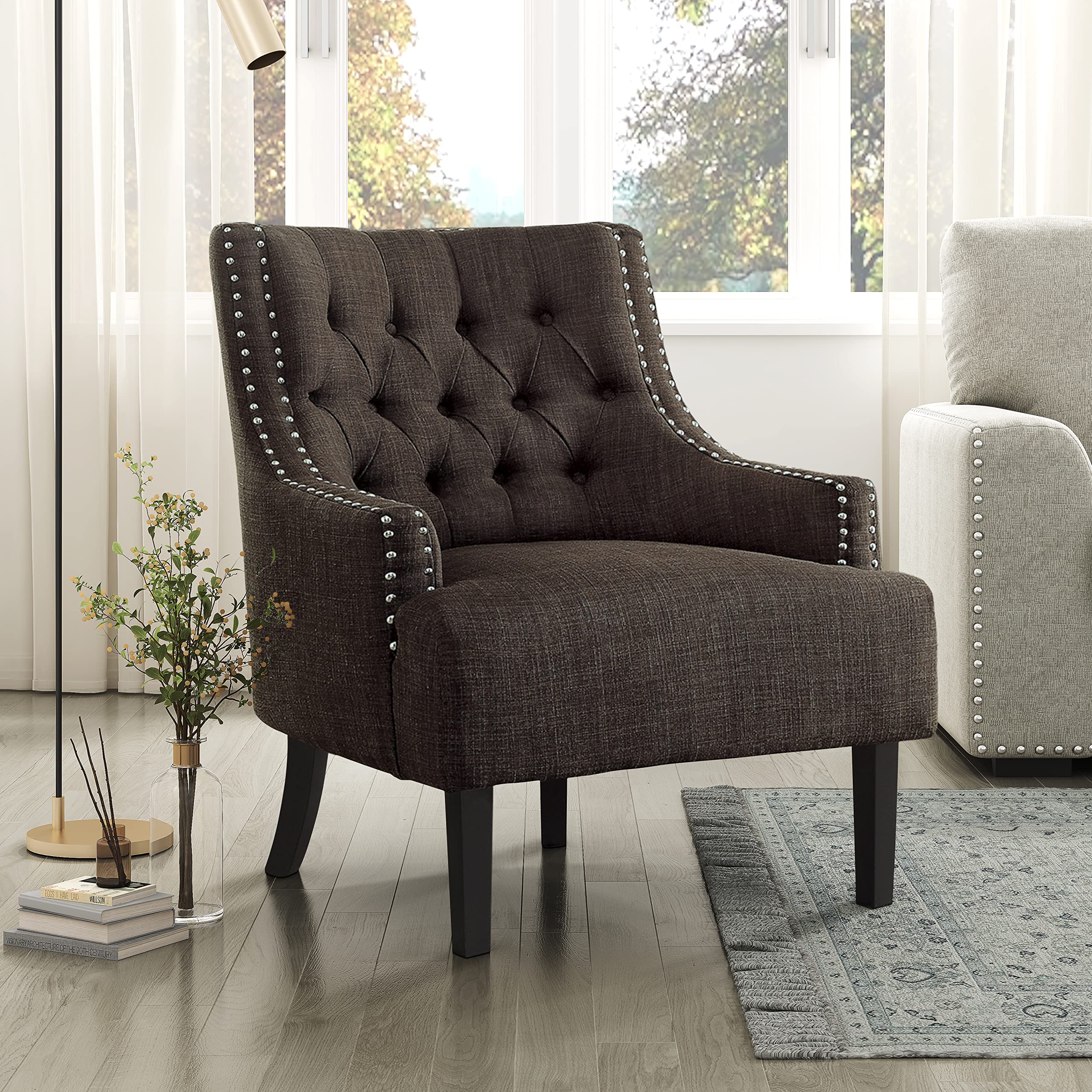 Lexicon Accent Chair Reading Chair Comfy Chair for Bedroom, Upholstered Armchair with Solid Wood Frame, Tufted Cushion Nail Head Trim, Single Sofa Chair for Living Room, Office, Taupe Chenille